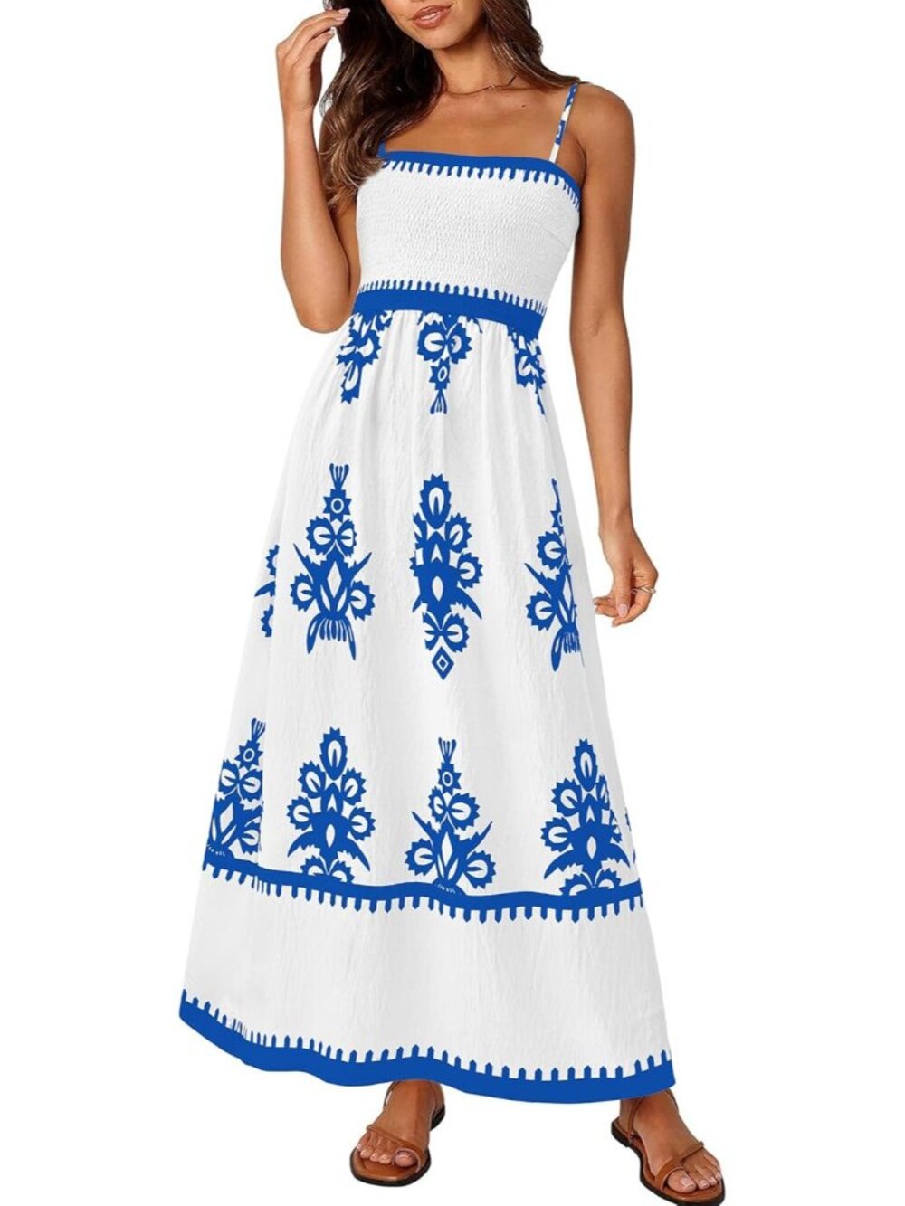 Women's White Blue Floral Summer Spaghetti Strap Flowy Beach Vacation Boho Maxi
